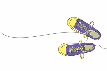 Obraz na płótnie Canvas Single one line drawing a pair of sneakers from above. Trendy canvas shoes. Urban shoes. Modern lifestyle. Casual. National Two Different Colored Shoes Day. Continuous line design graphic illustration