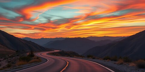 Sunset paints the sky vibrant hues over a winding asphalt road cutting through majestic mountains, golden hour, twilight