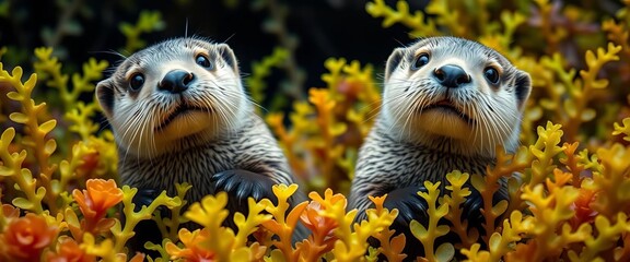 Two playful sea otters face viewer in vibrant kelp forest,  water,  marine mammal