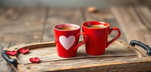 Two red Valentine's Day coffee cups with heart accents on a rustic wooden tray,  serving tray,   valentines day decor