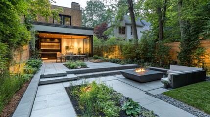 Modern House Backyard Oasis, Serene Landscaping Design with Fire Pit and Outdoor Dining Area