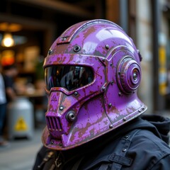 Distressed Purple Motorcycle Helmet with Face Shield in Urban Setting