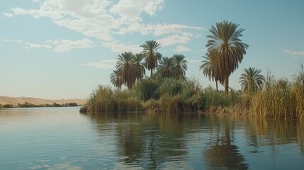 Obraz premium Tranquil river scene with palm trees and desert shoreline.