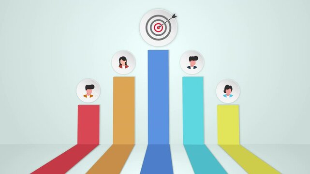 Business infographic with a bar chart representing market segmentation and customer avatars, with the main target audience hitting a successful goal, symbolized by an arrow in the bullseye.