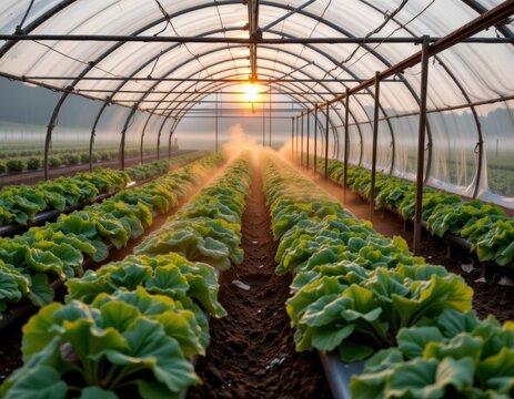 Rows of Green Lettuce Plants Growing in a Greenhouse at Sunrise