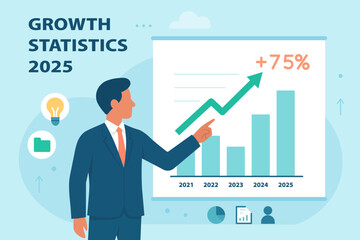 Flat vector illustration of businessman pointing at rising bar chart. Business growth, statistics, success, annual financial report 2025.