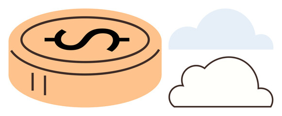 Coin with a dollar sign alongside outlined and filled clouds, symbolizing digital money, finance, cloud computing, online transactions, fintech, cryptocurrency, innovative solutions. Ideal