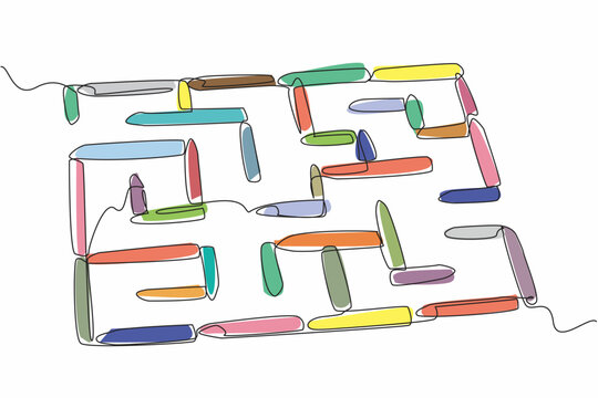 Single continuous line drawing labyrinth made of colored crayons. The game finds a way out with a symmetrical shape. Train the brain to think. World Labyrinth Day. One line design vector illustration