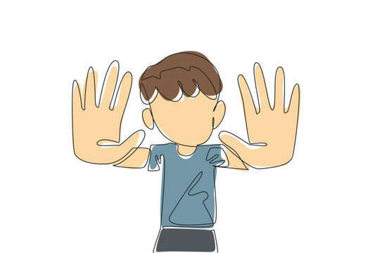 Single continuous line drawing the boy raised both his hands and pointed them forward. No more bullying in schools. Create peace. Be friends. Anti Bullying Day. One line design vector illustration