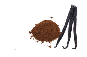 Natural vanilla pods and ground on a white background