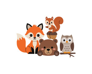 Animal set vector design such as fox, bear, owl, squirrel.