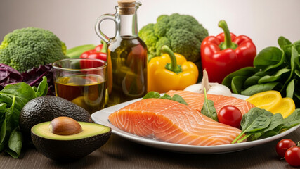 A fresh salmon fillet on a plate surrounded by colorful vegetables, avocado, olive oil, and herbs for a healthy meal. 