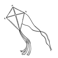 Flying kite hand drawn doodle. Vector sketch illustration of kite isolated on white background