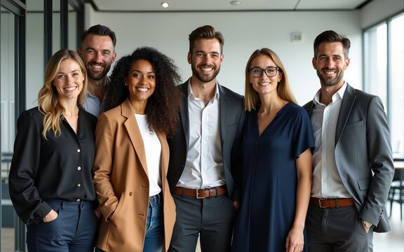 Business team portrait indoor. Diverse group of professionals standing together, smiling, looking at camera. Teamwork, success, modern workplace. Pro, happy employees. Corporate culture. Multi-ethnic