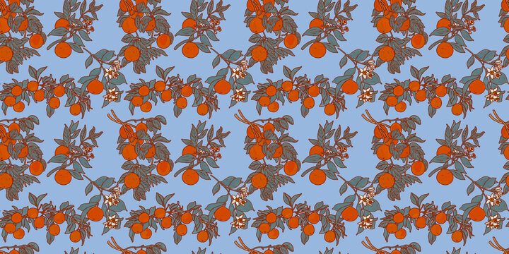 Orange citrus fruit seamless wallpaper. Summer bright bold folk pattern. Ideal for textiles in Mediterranean holiday style.