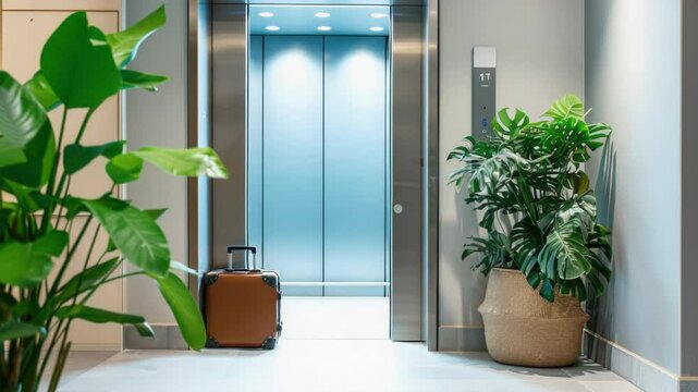 A small plant in a decorative pot placed next to an elevator, ideal for office or commercial use
