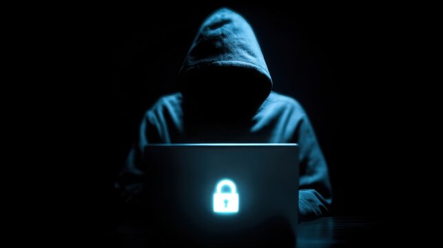 Mysterious figure engages in cryptocurrency trading behind a glowing laptop in a dark room