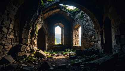 Fototapeta premium Forgotten Fortress: A mysterious interior view of an ancient fortress ruin, where aged stone walls frame sunlit windows, evoking a sense of history and resilience.