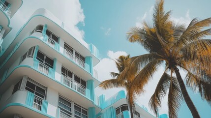 Fototapeta premium Light-blue accents on a white art deco building with palm trees.