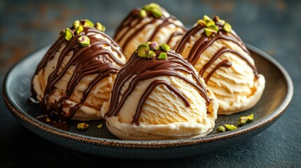 Four scoops of creamy vanilla ice cream, drizzled with melted dark chocolate and topped with pistachios