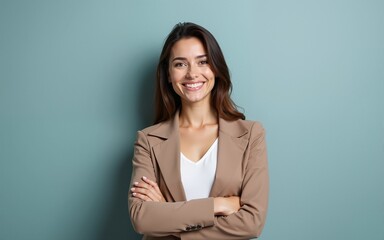 Content businesswoman smiling at camera. Portrait of beautiful happy young businesswoman standing with crossed arms and smiling at camera. Business concept. High quality