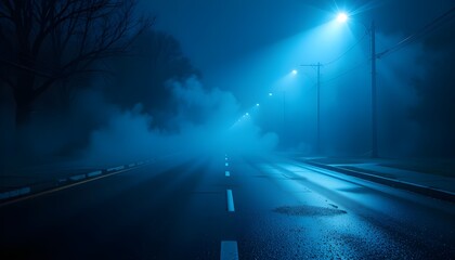 Blue Dark Foggy Street Background with Wet Asphalt Laser Beams and Smoke Effects