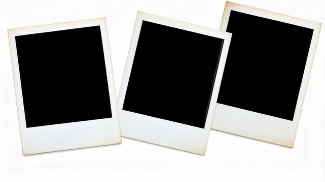 Three angled retro photo frames with blank black space on an isolated white background perfect for mockups and product placement