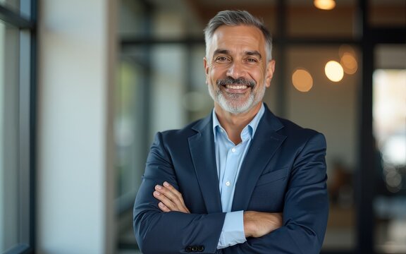 Handsome hispanic senior business man with crossed arms smiling at camera. Indian or latin confident mature good looking middle age leader male businessman on blur office background with copy space.