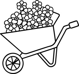 Wheelbarrow with flowers black outline vector and illustration, coloring book page
