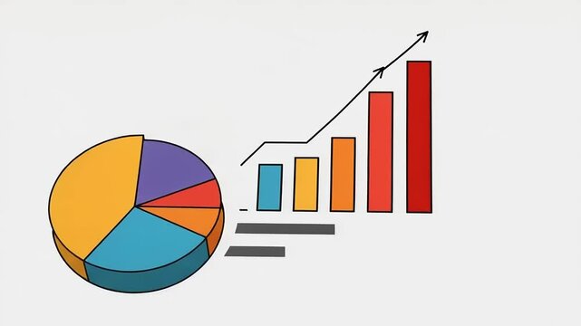 Colorful pie chart and bar graph illustrating growth trends and data analysis on a white background