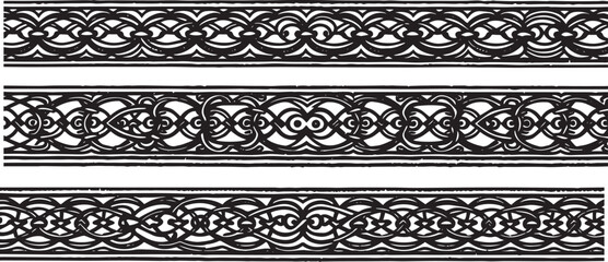 A set of decorative patterned borders, lines, and stripes. Hand drawn vector illustration	