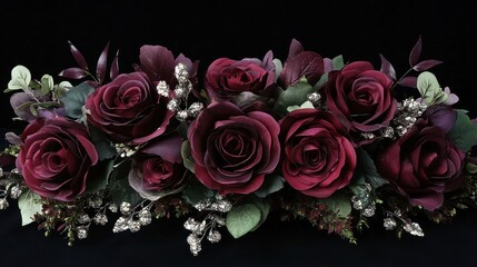 Dark maroon roses and greenery arranged in a horizontal garland