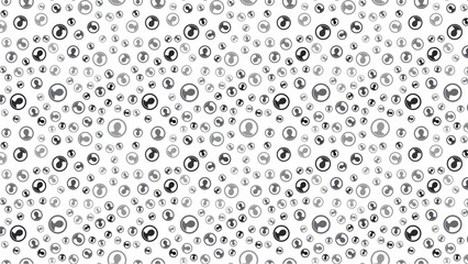 A seamless pattern of profile icons in circles scattered across a white background in grayscale tones