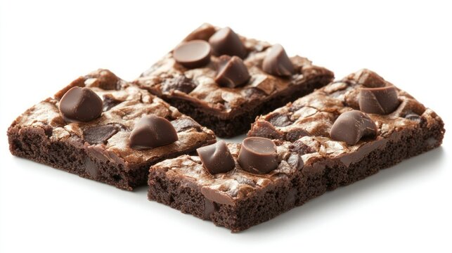 Four squares of chocolate brownies, topped with chocolate chips