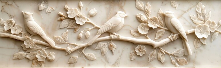 3D relief, carved flowers and birds on beige background, wall art design, high resolution, high detail, highly detailed