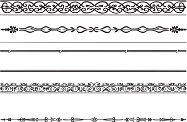 A set of decorative patterned borders, lines, and stripes. Hand drawn vector illustration	