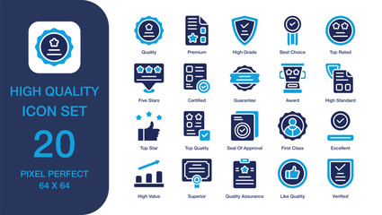 High Quality set of icon in Duotone style. Transfer File user interface icon collection. Containing Best Choice, Top Quality, Guarantee, High Standard, High Grade, and more. High Quality
