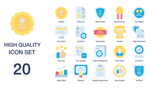 High Quality set of icon in Flat style. Transfer File user interface icon collection. Containing Best Choice, Top Quality, Guarantee, High Standard, High Grade, and more. High Quality