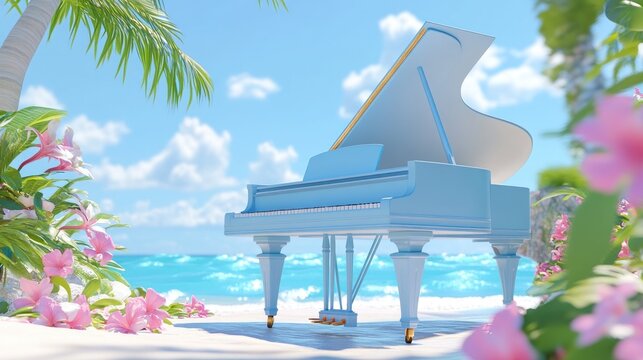 Light blue grand piano on a tropical beach.