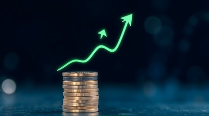 Upward Financial Growth with Stacked Coins and Green Arrows