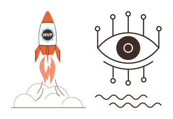 Rocket with MVP in liftoff alongside an abstract cybernetic eye connected by lines, signifying innovation and forward-thinking. Ideal for startups, technology, vision, creativity, growth, strategy