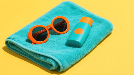 Bright orange sunglasses and sunscreen bottle resting on a folded teal beach towel