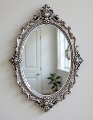 Silver Ornate Oval Mirror with Intricate Floral Frame on White Wall