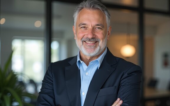 mature 50 year old confident professional manager, confident businessman investor looking at camera, smiling mid aged older business man executive standing in office, Generative AI. High quality