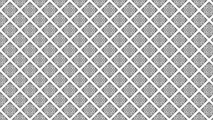 A repetitive pattern of ornate floral designs arranged in a diamond grid on a white background