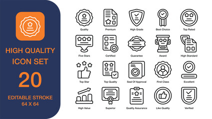 High Quality set of icon in line style. Transfer File user interface icon collection. Containing Best Choice, Top Quality, Guarantee, High Standard, High Grade, and more. Editable Stroke