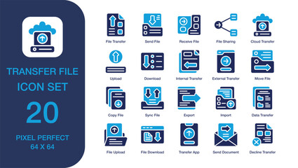 Transfer File set of icon in Duotone style. Transfer File user interface icon collection. Containing File Transfer, Send File, File Sharing, Move File, File Download, and more. High Quality