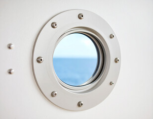 Round Porthole Window on Ship &ndash; Classic Circular Marine Window Showing Ocean or Sky View, Captured on Boat or Vessel with Nautical Theme, Ideal for Travel, Transportation, Maritime Interior Concept