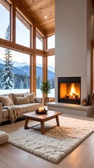 Cozy Mountain Cabin Living Room Fireplace Winter.