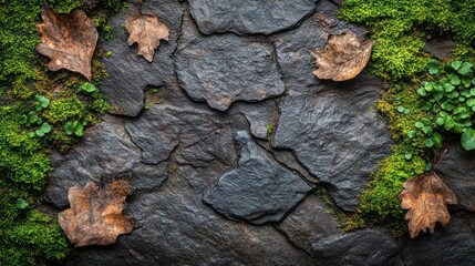 Dark stone path with moss and leaves